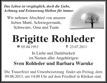 Traueranzeige von Brigitte Rohleder von WVG - Wochenspiegel Dessau / Köthen