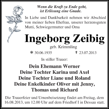 Traueranzeige von Ingeborg Zeibig von WVG - Wochenspiegel Dessau / Köthen