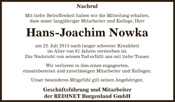 Traueranzeige von Hans-Joachim Nowka von Super Sonntag Zeitz