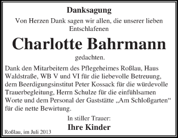 Traueranzeige von Charlotte Bahrmann von WVG - Wochenspiegel Dessau / Köthen