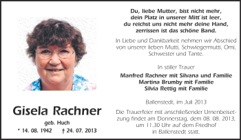 Traueranzeige von Gisela Rachner von WVG - Wochenspiegel Quedlinburg