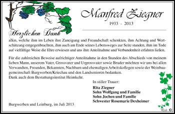 Traueranzeige von Manfred Ziegner von WVG - Wochenspiegel NMB / WSF / ZTZ