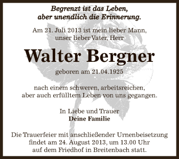 Traueranzeige von Walter Bergner von Super Sonntag Zeitz