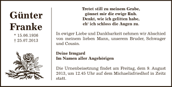 Traueranzeige von Günter Franke von Super Sonntag Zeitz