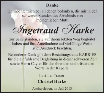 Traueranzeige von Ingetraud Harke von WVG - Wochenspiegel Quedlinburg