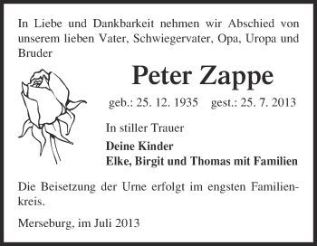 Traueranzeige von Peter Zappe von Super Sonntag Merseburg