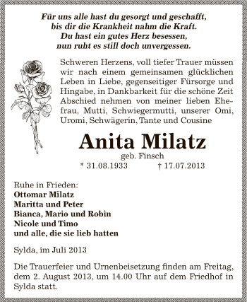 Traueranzeige von Anita Milatz von Wochenspiegel Mansfelder Land