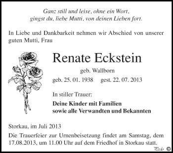 Traueranzeige von Renate Eckstein von WVG - Wochenspiegel NMB / WSF / ZTZ