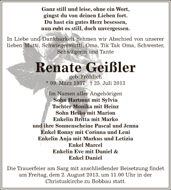 Traueranzeige von Renate Geißler von WVG - Wochenspiegel Bitterfeld