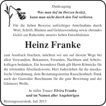 Traueranzeige von Heinz Franke von WVG - Wochenspiegel NMB / WSF / ZTZ
