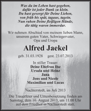 Traueranzeige von Alfred Jaekel von WVG - Wochenspiegel Aschersleben