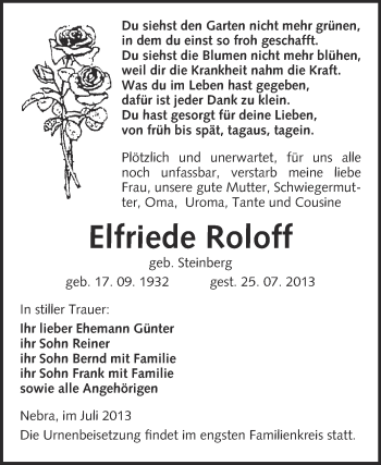 Traueranzeige von Elfriede Roloff von WVG - Wochenspiegel NMB / WSF / ZTZ
