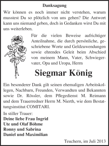 Traueranzeige von Siegmar König von WVG - Wochenspiegel NMB / WSF / ZTZ