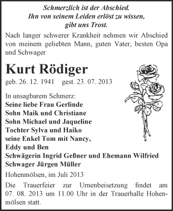 Traueranzeige von Kurt Rödiger von WVG - Wochenspiegel NMB / WSF / ZTZ