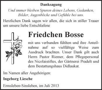 Traueranzeige von Friedchen Bosse von WVG - Wochenspiegel Quedlinburg