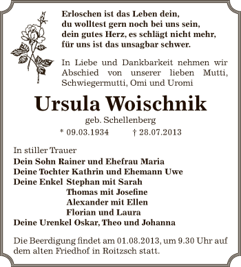 Traueranzeige von Ursula Woischnik von WVG - Wochenspiegel Bitterfeld