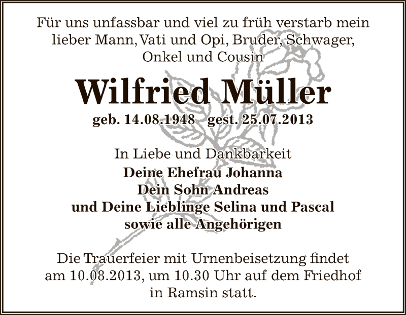  Traueranzeige für Wilfried Müller vom 31.07.2013 aus WVG - Wochenspiegel Bitterfeld