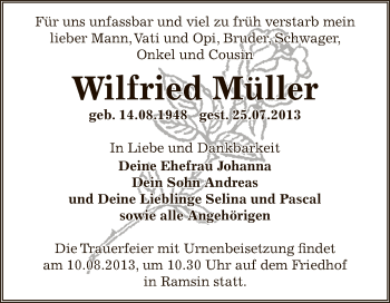 Traueranzeige von Wilfried Müller von WVG - Wochenspiegel Bitterfeld