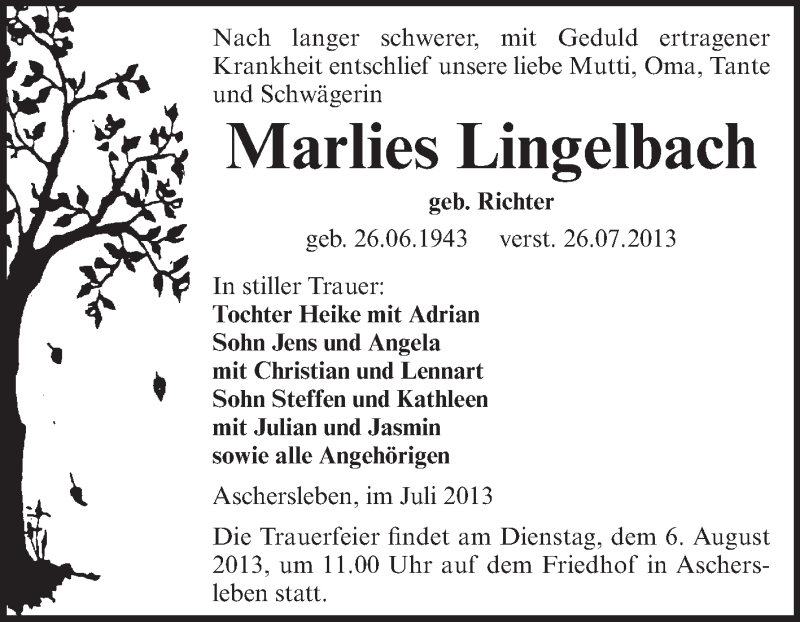  Traueranzeige für Marlies Lingelbach vom 31.07.2013 aus WVG - Wochenspiegel Aschersleben