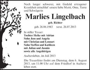 Traueranzeige von Marlies Lingelbach von WVG - Wochenspiegel Aschersleben