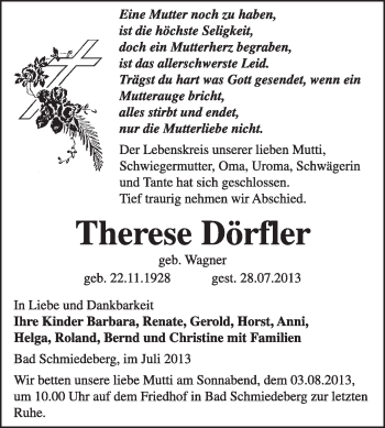 Traueranzeige von Therese Dörfler von WVG - Wochenspiegel Wittenberg
