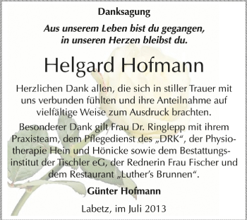 Traueranzeige von Helgard Hofmann von Mitteldeutsche Zeitung