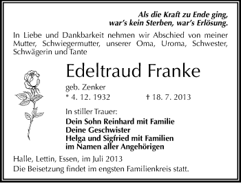 Traueranzeige von Edeltraud Franke von Mitteldeutsche Zeitung