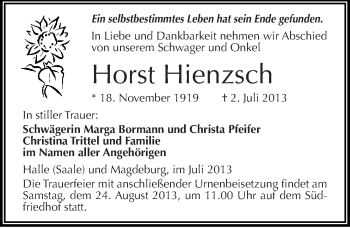 Traueranzeige von Horst Hienzsch von Mitteldeutsche Zeitung Halle/Saalkreis