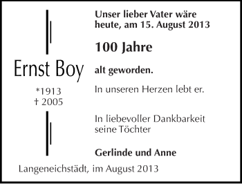 Traueranzeige von Ernst Boy von Mitteldeutsche Zeitung Merseburg/Querfurt