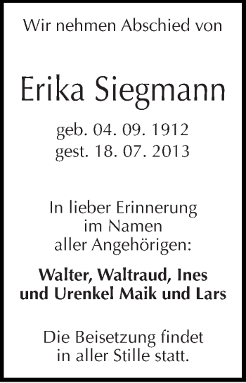 Traueranzeige von Erika Siegmann von Mitteldeutsche Zeitung Halle/Saalkreis