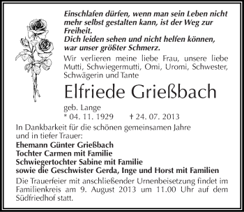 Traueranzeige von Elfriede Grießbach von Mitteldeutsche Zeitung Halle/Saalkreis