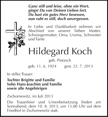 Traueranzeige von Hildegard Koch von Mitteldeutsche Zeitung Wittenberg