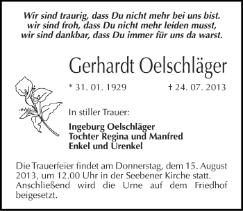 Traueranzeige von Gerhardt Oelschläger von Mitteldeutsche Zeitung Halle/Saalkreis