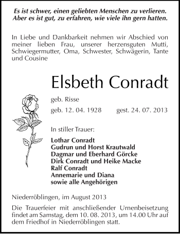 Traueranzeige von Elsbeth Conradt von Mitteldeutsche Zeitung Sangerhausen