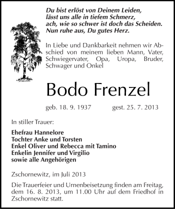 Traueranzeige von Bodo Frenzel von Mitteldeutsche Zeitung Wittenberg