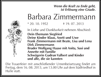 Traueranzeige von Barbara Zimmermann von Mitteldeutsche Zeitung Halle/Saalkreis
