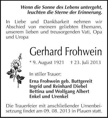 Traueranzeige von Gerhard Frohwein von Mitteldeutsche Zeitung Halle/Saalkreis