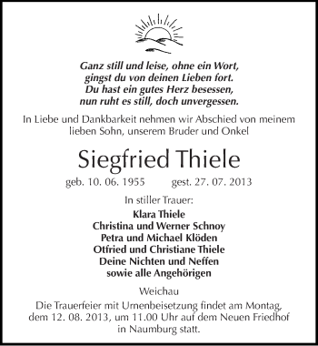 Traueranzeige von Siegfried Thiele von Mitteldeutsche Zeitung Naumburg/Nebra