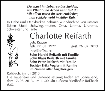 Traueranzeige von Charlotte Reifarth von Mitteldeutsche Zeitung Merseburg/Querfurt