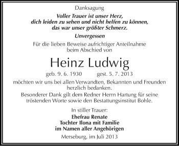 Traueranzeige von Heinz Ludwig von Mitteldeutsche Zeitung Merseburg/Querfurt