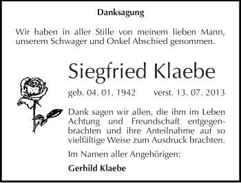 Traueranzeige von Siegfried Klaebe von Mitteldeutsche Zeitung Halle/Saalkreis