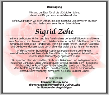 Traueranzeige von Sigrid Zehe von Mitteldeutsche Zeitung Merseburg/Querfurt
