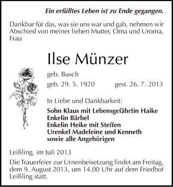 Traueranzeige von Ilse Münzer von Mitteldeutsche Zeitung Weißenfels