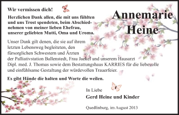 Traueranzeige von Annemarie Heine von Mitteldeutsche Zeitung Quedlinburg