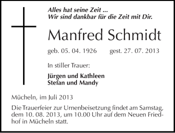 Traueranzeige von Manfred Schmidt von Mitteldeutsche Zeitung Merseburg/Querfurt