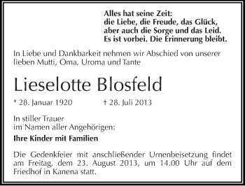 Traueranzeige von Lieselotte Blosfeld von Mitteldeutsche Zeitung Halle/Saalkreis