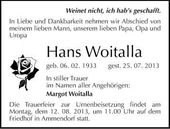 Traueranzeige von Hans Woitalla von Mitteldeutsche Zeitung Halle/Saalkreis
