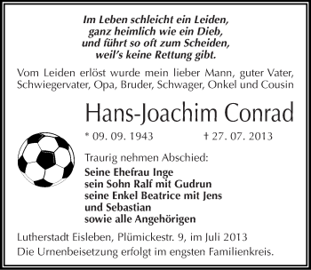Traueranzeige von Hans-Joachim Conrad von Mitteldeutsche Zeitung Mansfelder Land