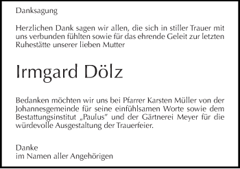 Traueranzeige von Irmgard Dölz von Mitteldeutsche Zeitung Halle/Saalkreis