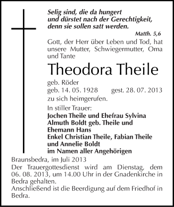 Traueranzeige von Theodora Theile von Mitteldeutsche Zeitung Merseburg/Querfurt